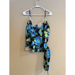 Mixit Petite Floral Satin Camisole Top Blue Green Lace Trim Side Tie Large P L